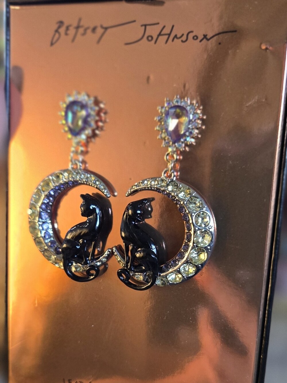 Betsey Johnson Black Cat Moon Drop Earrings with Crystal Accents
